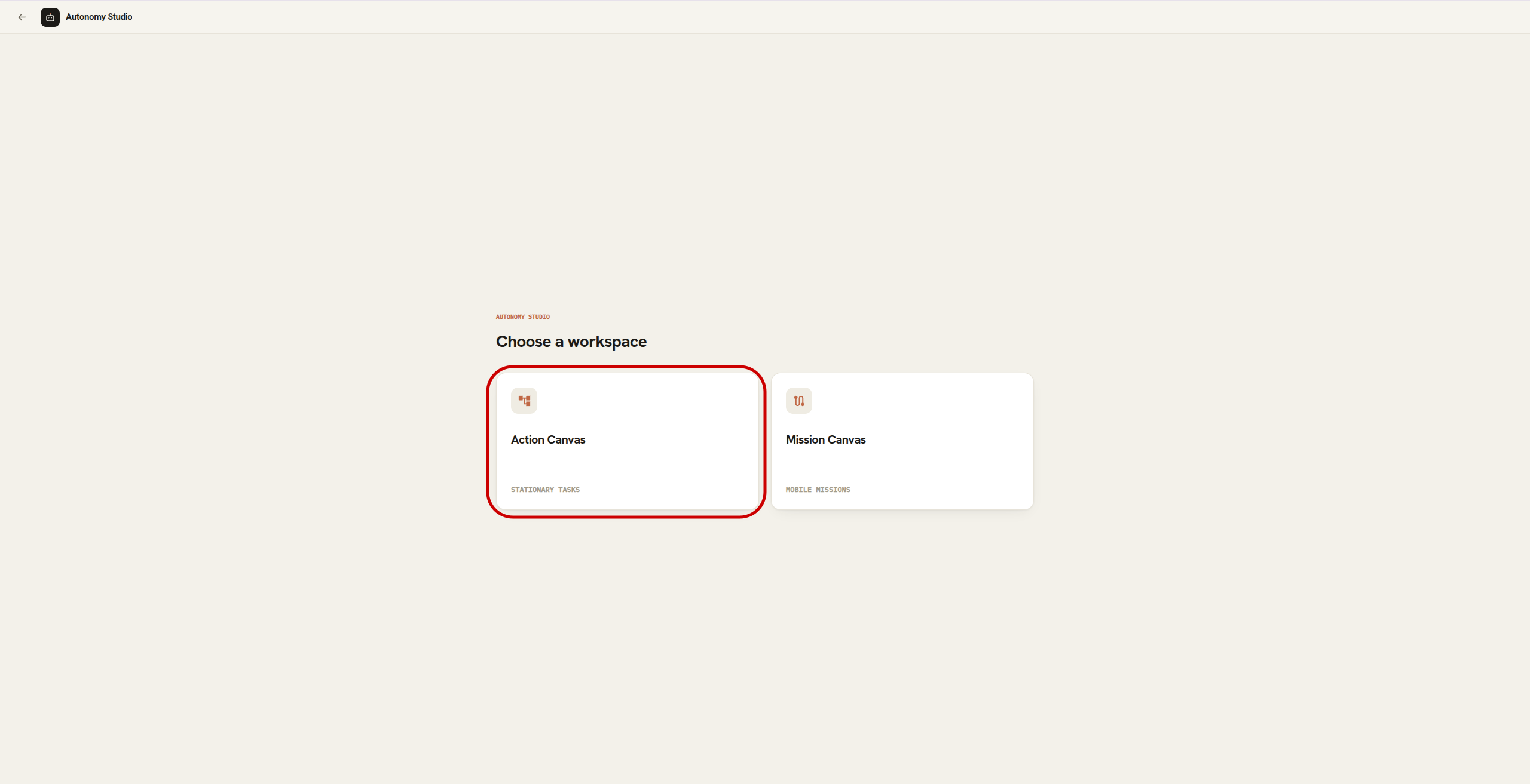 Action Canvas option in the Autonomy Studio workspace chooser