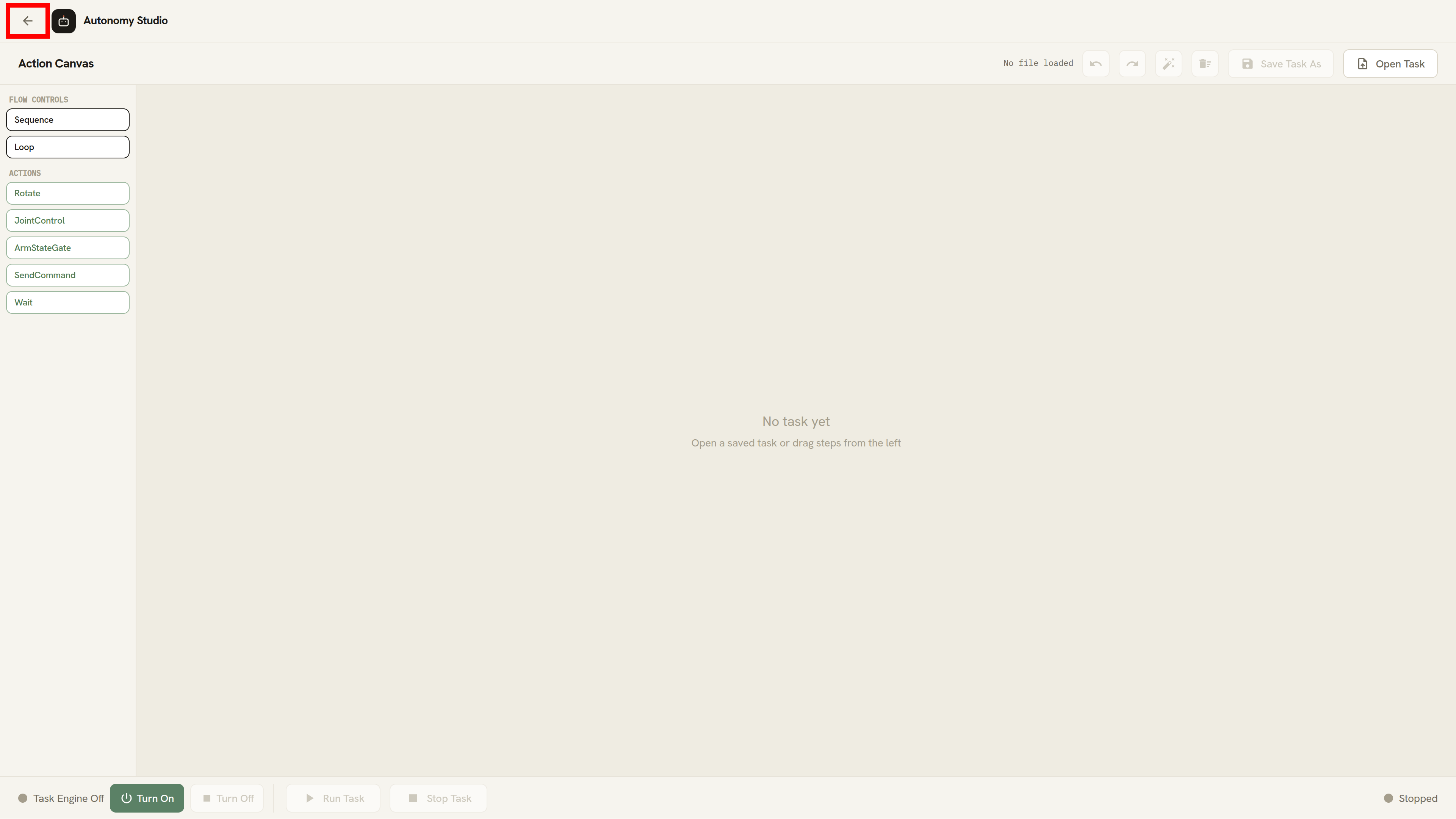 Back arrow in the Action Canvas application bar