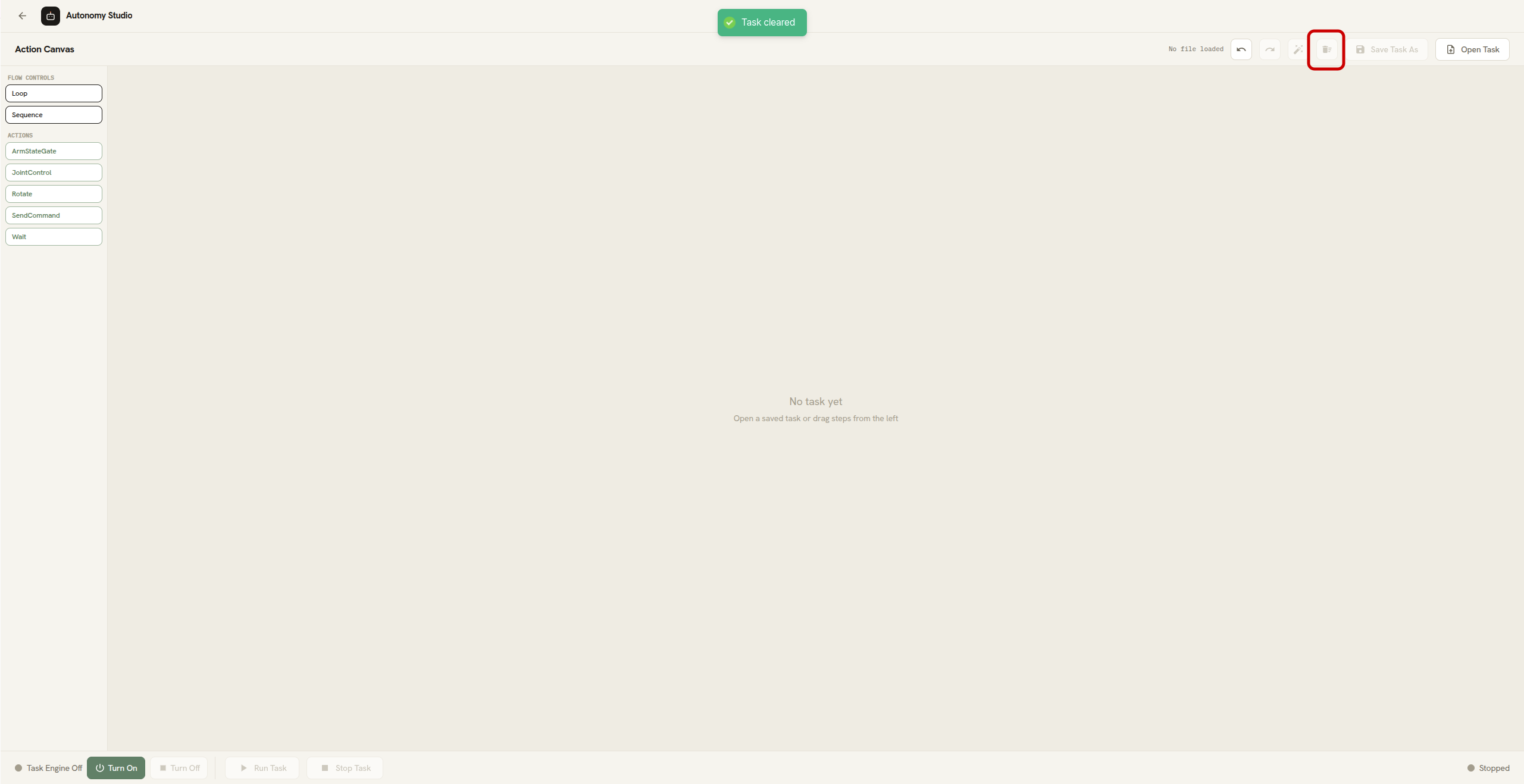 Clear button in the Action Canvas header