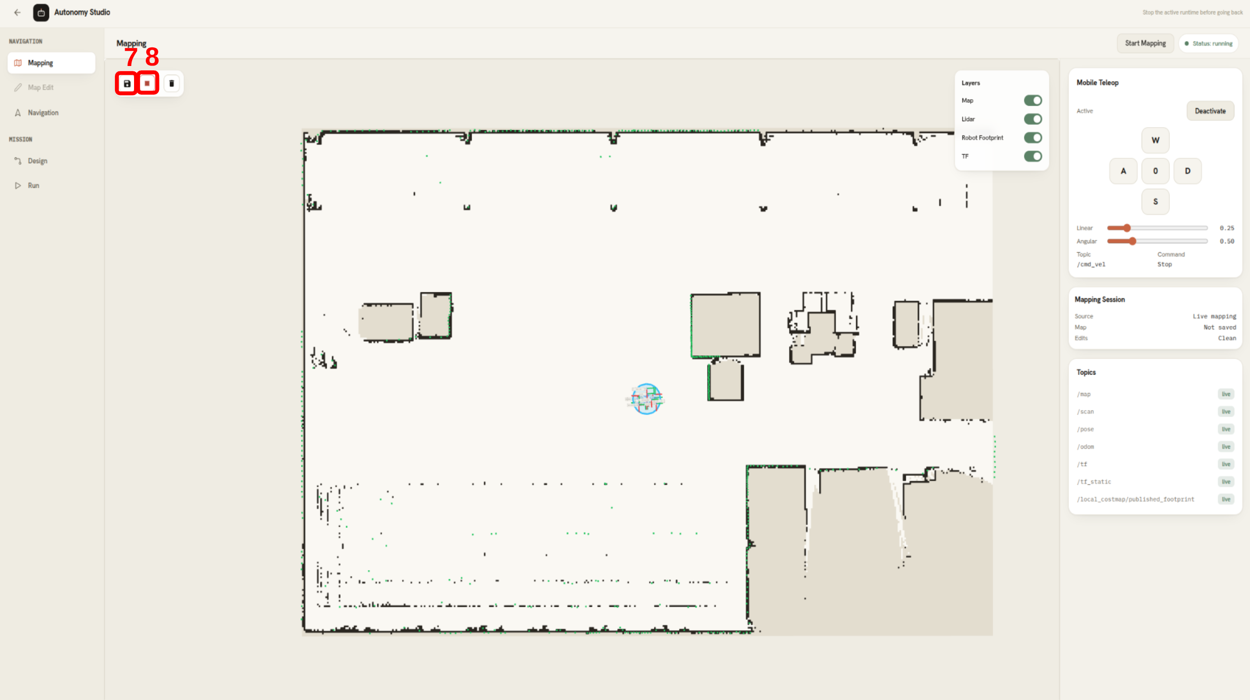Save Map and Stop controls in the Mapping stage
