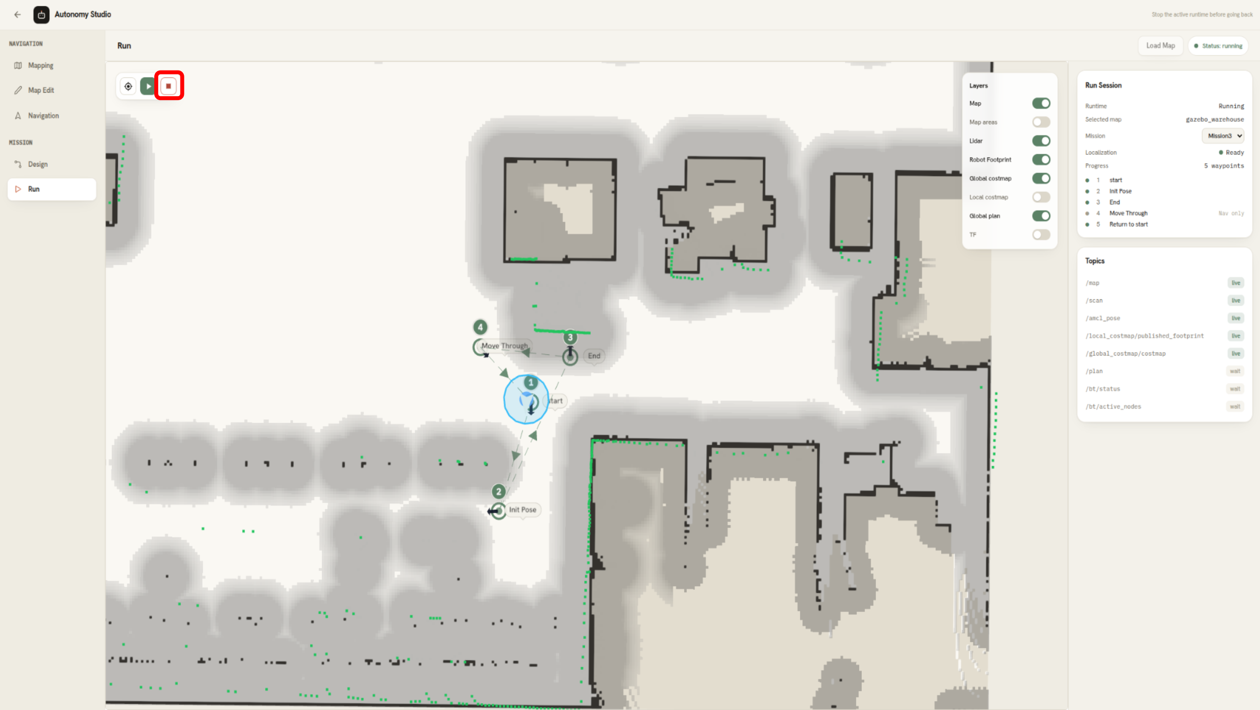 Save Map and Stop controls in the Mapping stage