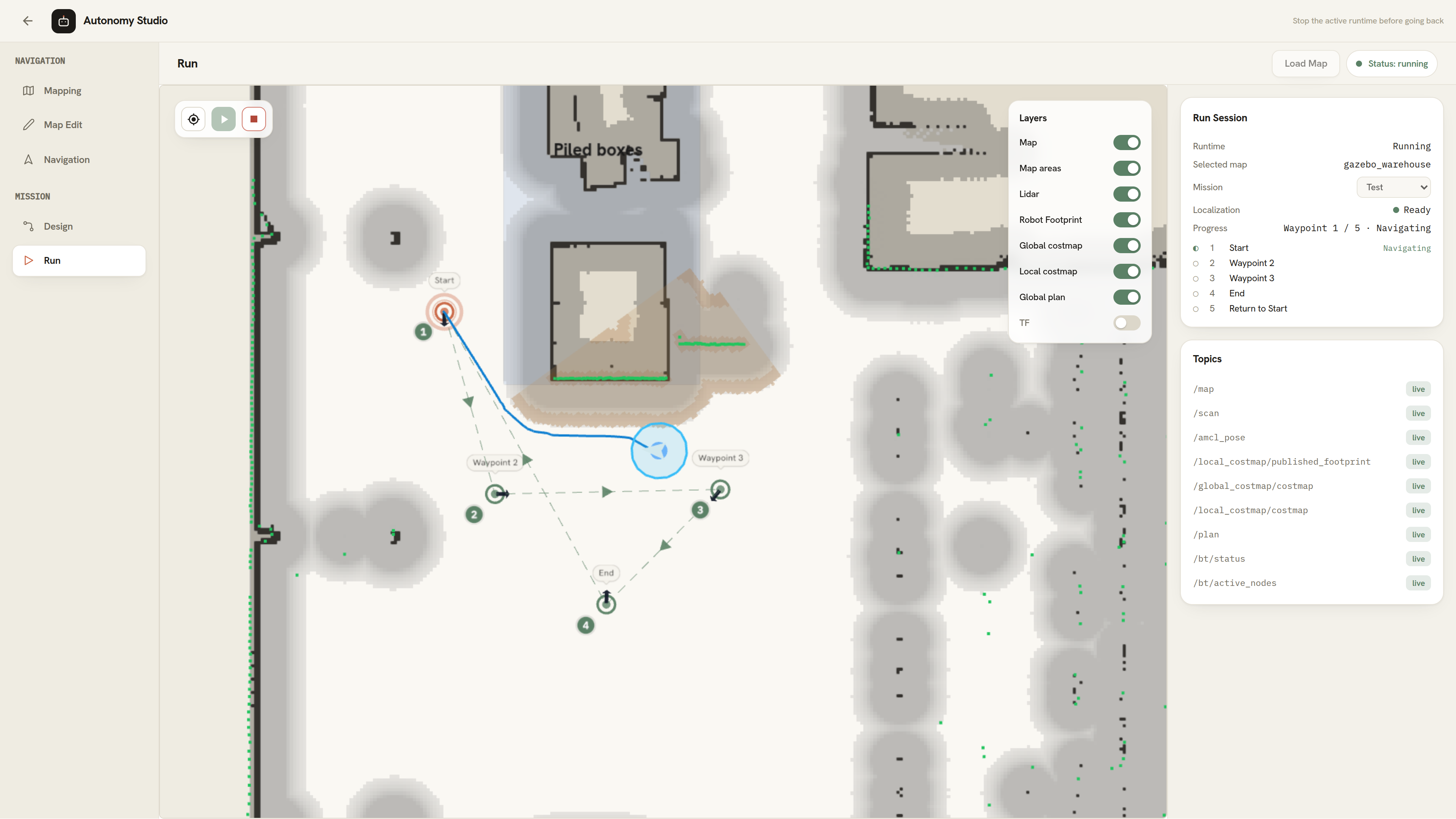 Save Map and Stop controls in the Mapping stage