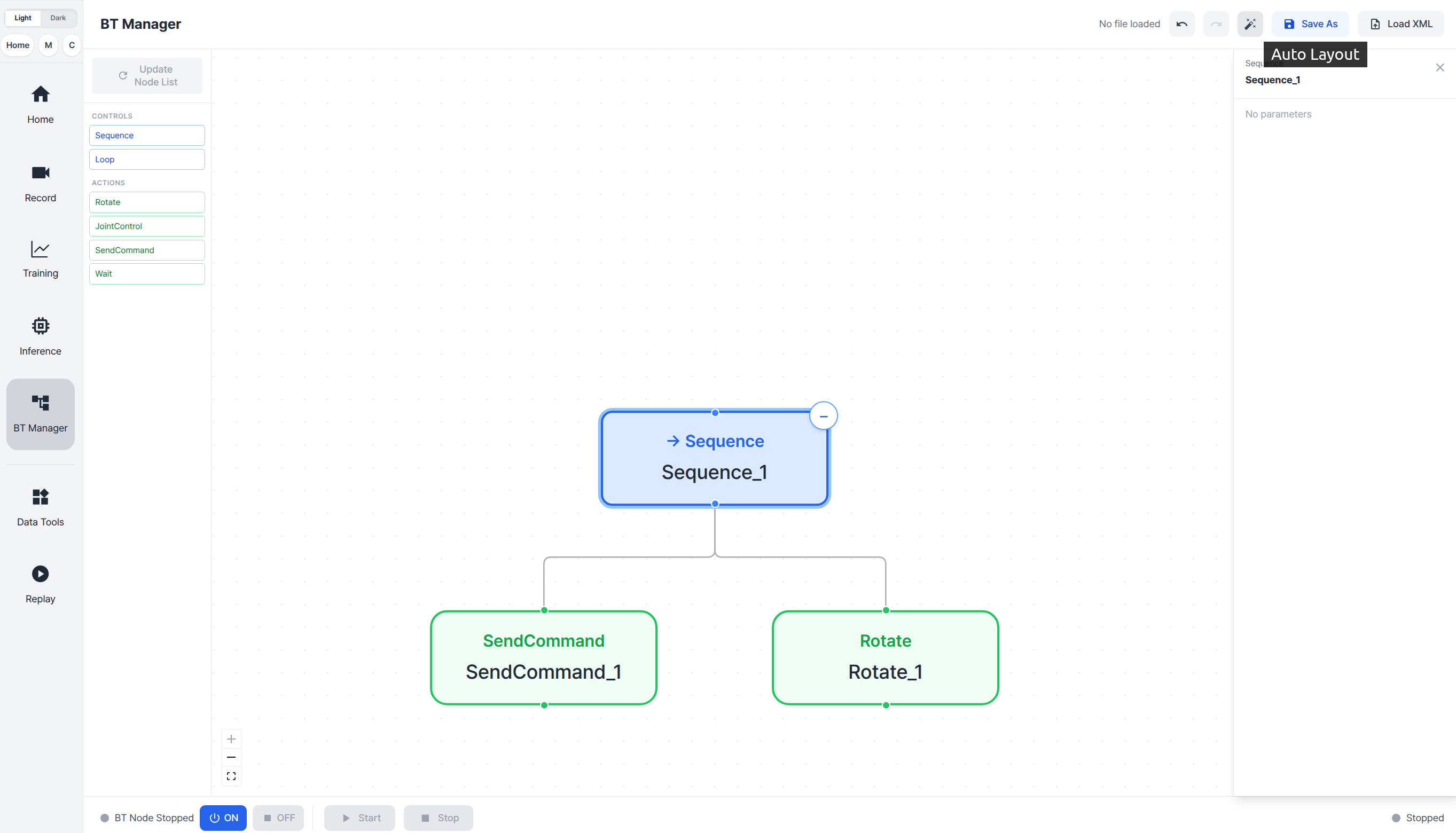 Auto Layout trong BT Manager sau khi nối Sequence, SendCommand và Rotate - nguồn: ROBOTIS Docs