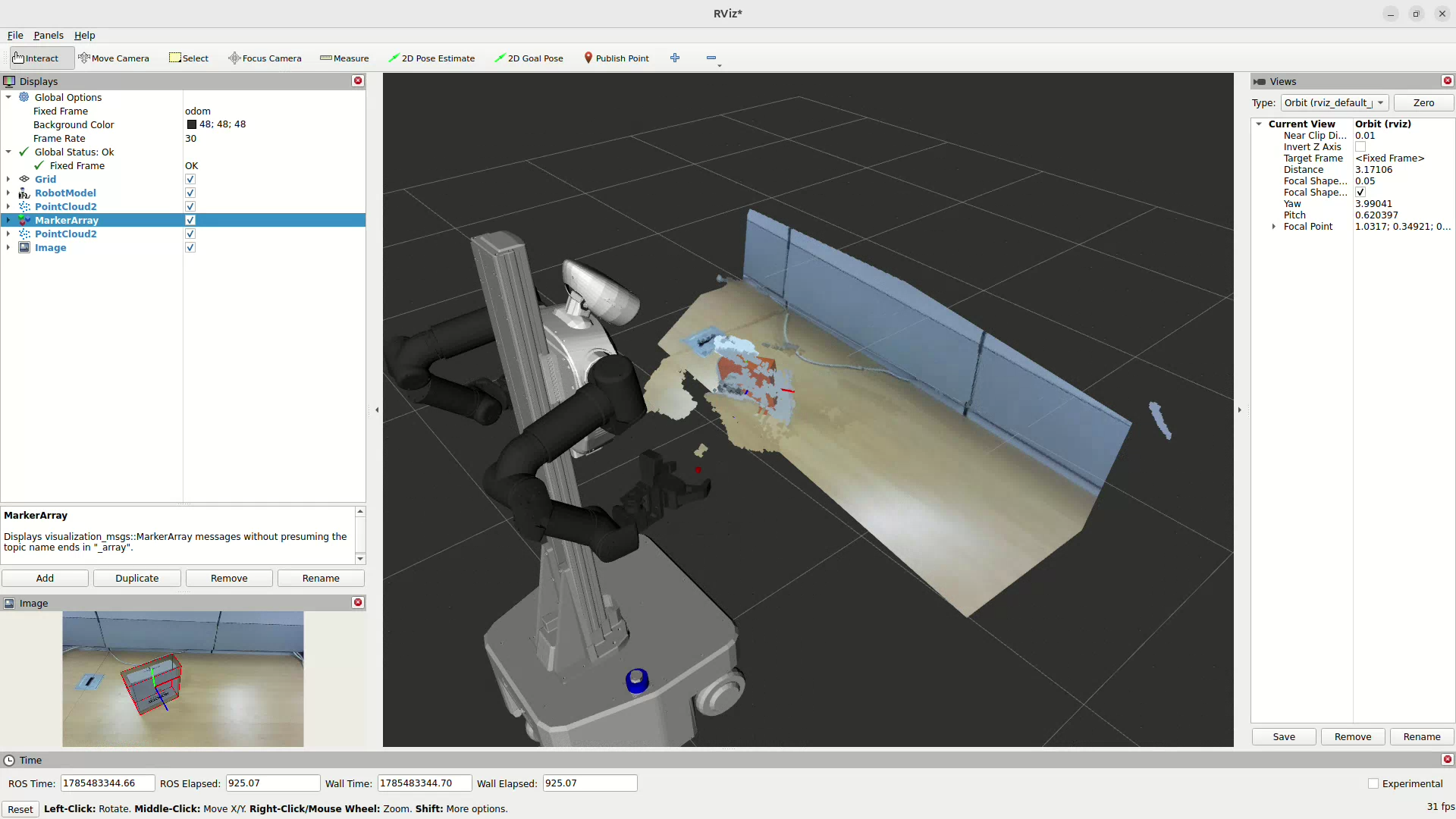RViz view of cropped point cloud, fitted table plane, and corrected bbox markers